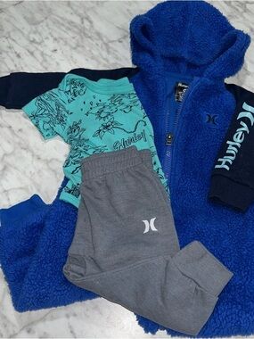 Hurley baby Blue Sherpa Hoodie Set with Teal Graphic Onesie